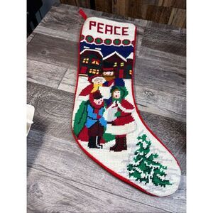 Needlepoint Christmas Stocking • “PEACE” • Carolers Scene • Large 20” • Red Back